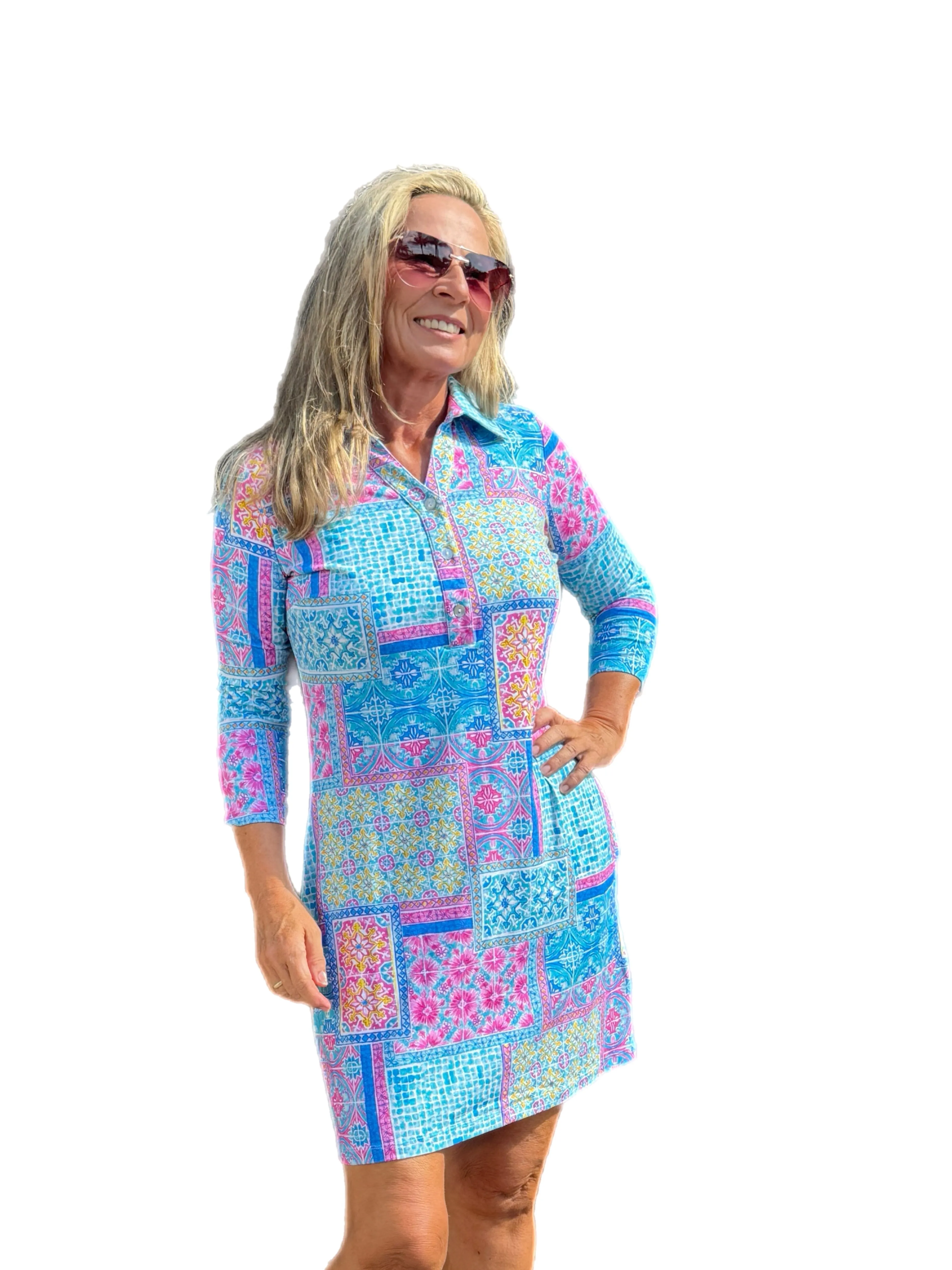 3/4 Sleeve V-Neck Polo COTTON Dress with UPF50  Granada Seafoam/Pink