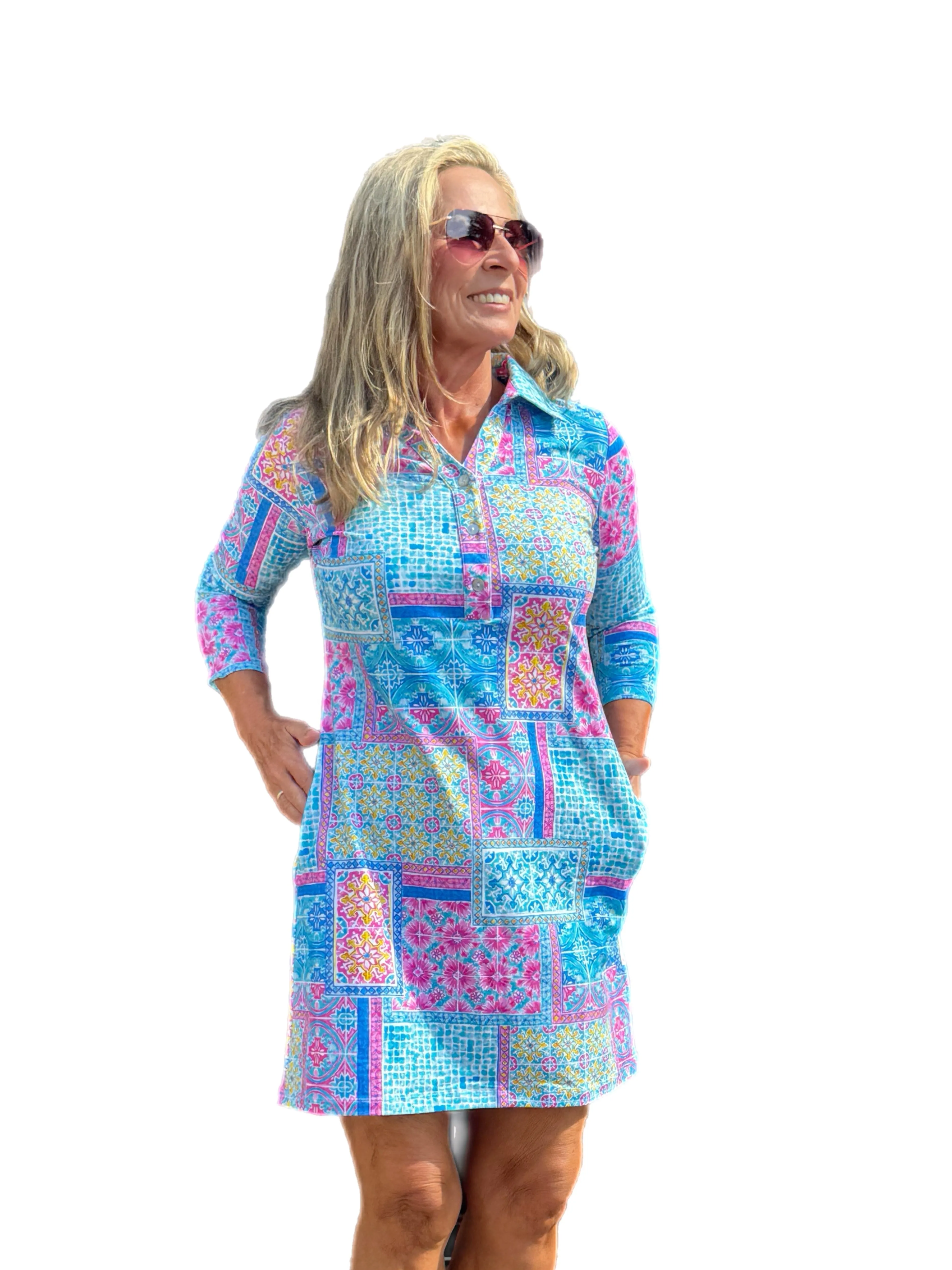 3/4 Sleeve V-Neck Polo COTTON Dress with UPF50  Granada Seafoam/Pink