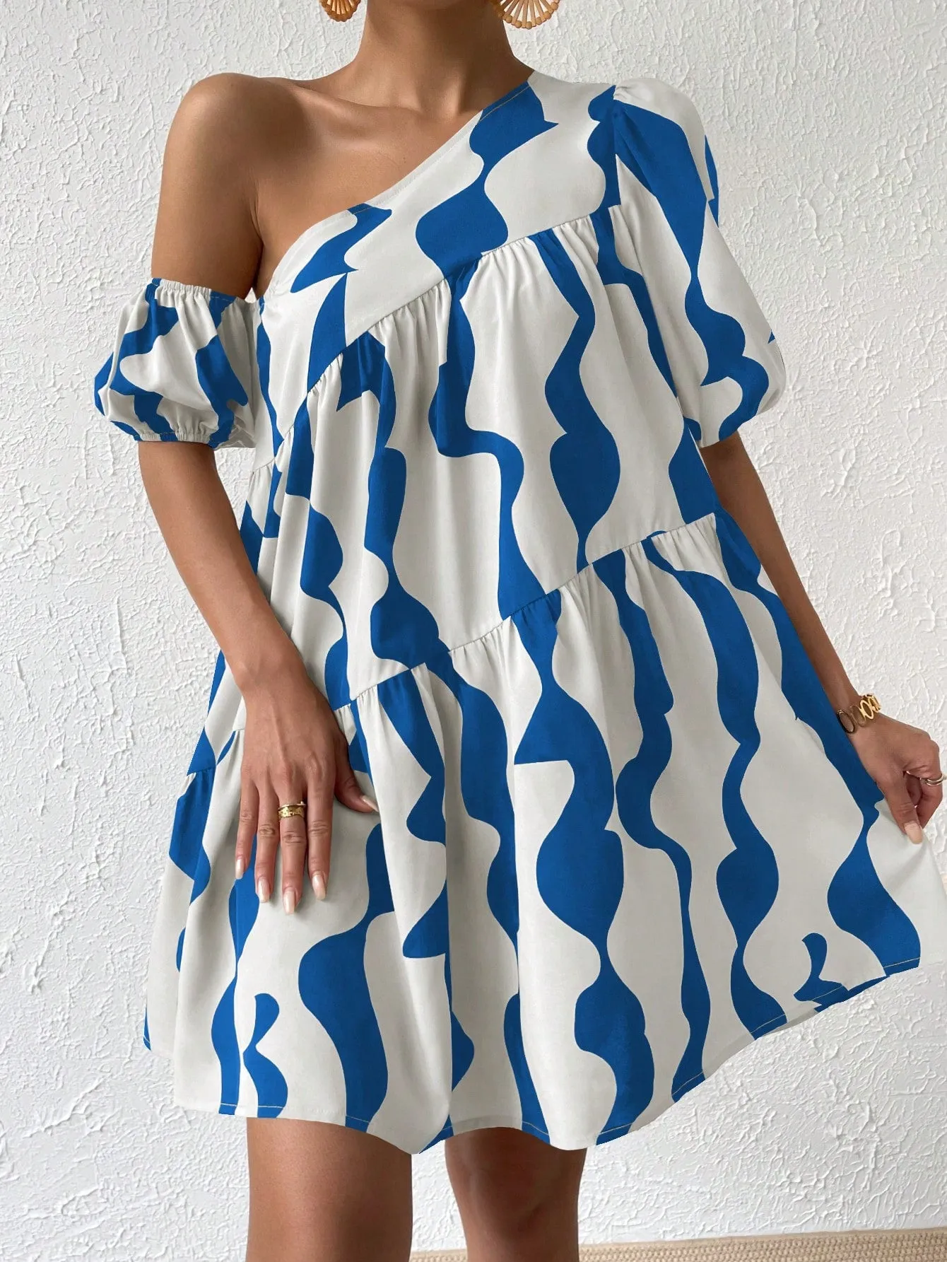 Allover Print Asymmetrical Neck Puff Sleeve Ruffle Hem Smock Dress