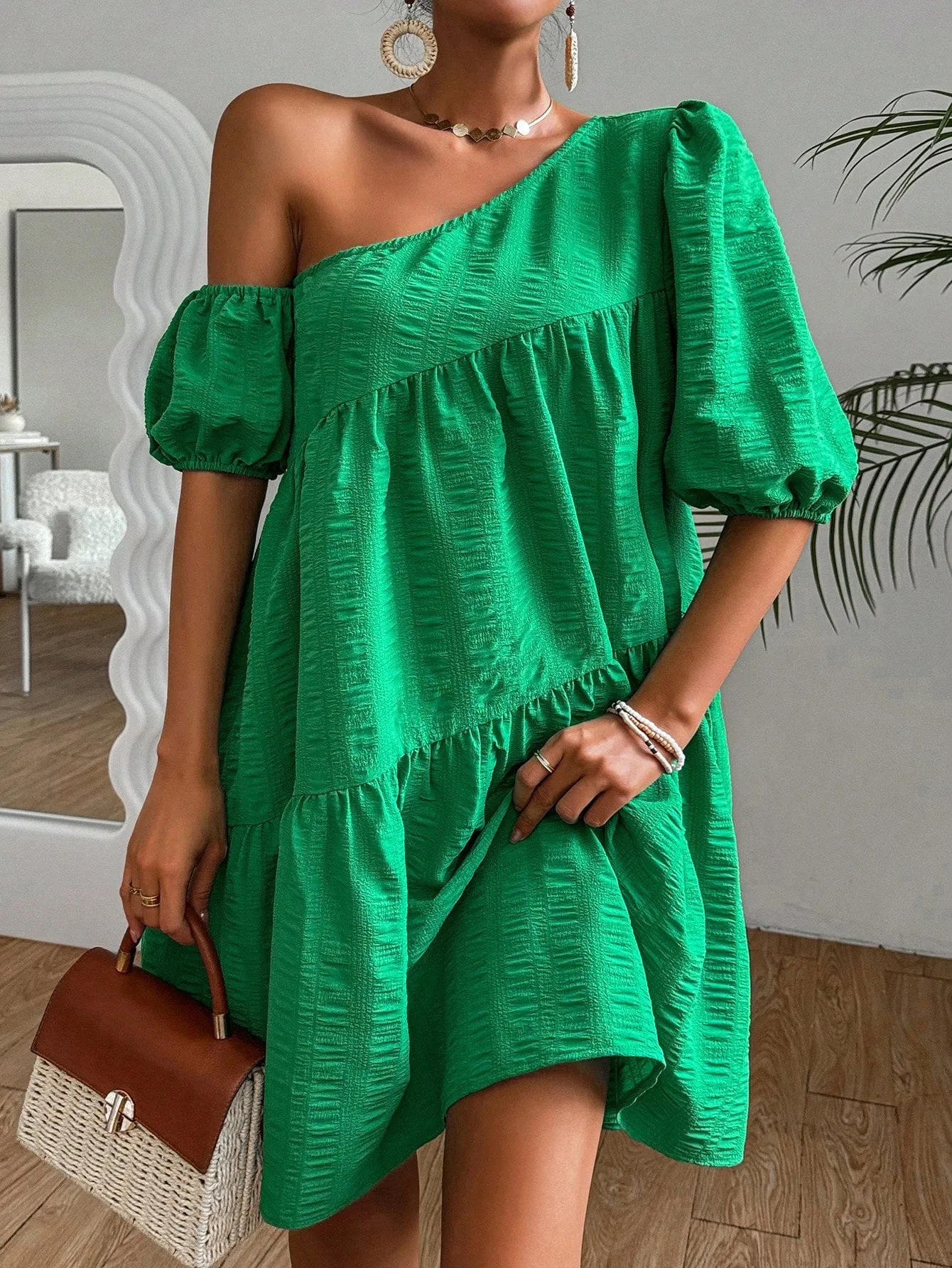 Allover Print Asymmetrical Neck Puff Sleeve Ruffle Hem Smock Dress