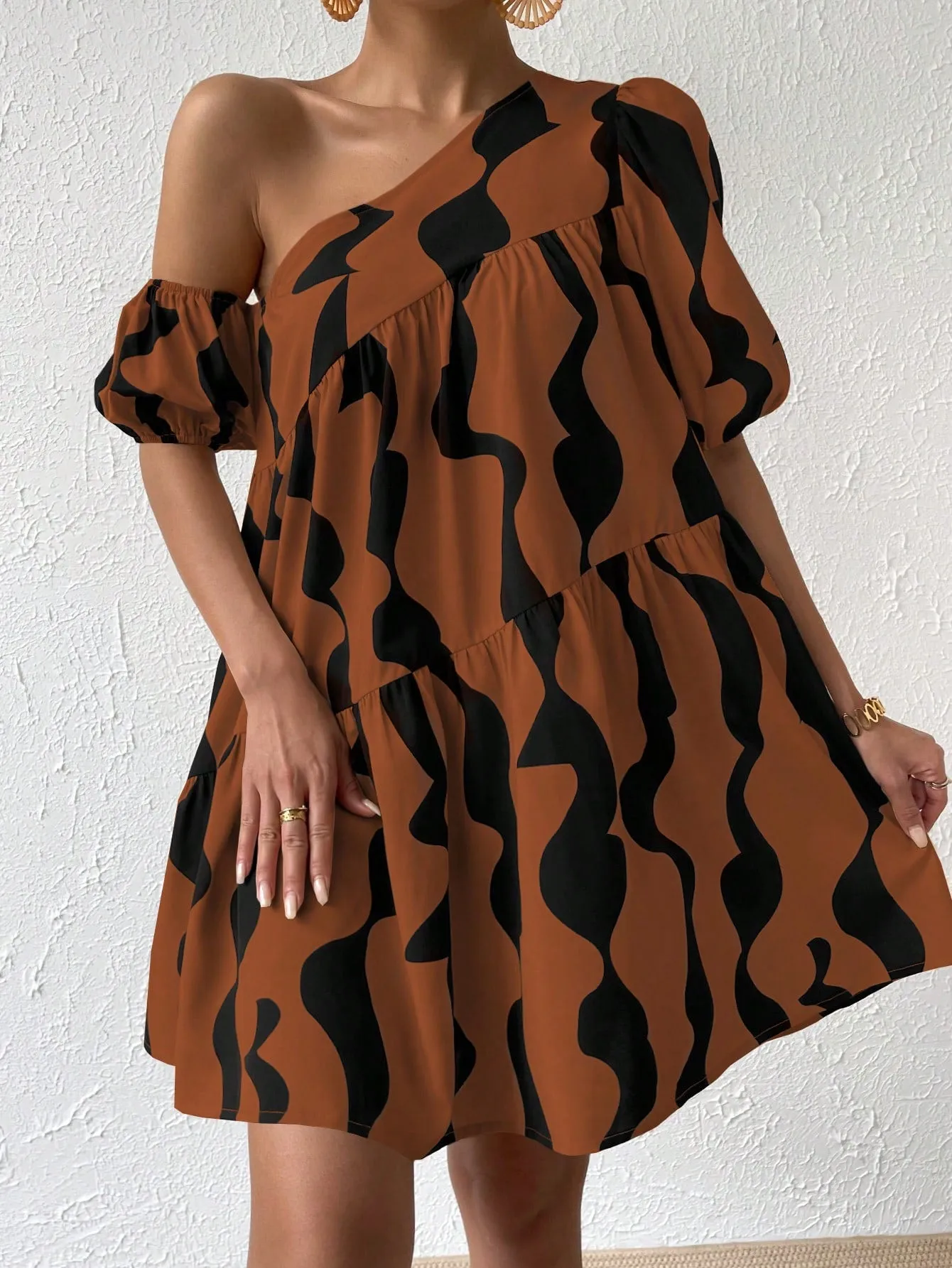 Allover Print Asymmetrical Neck Puff Sleeve Ruffle Hem Smock Dress