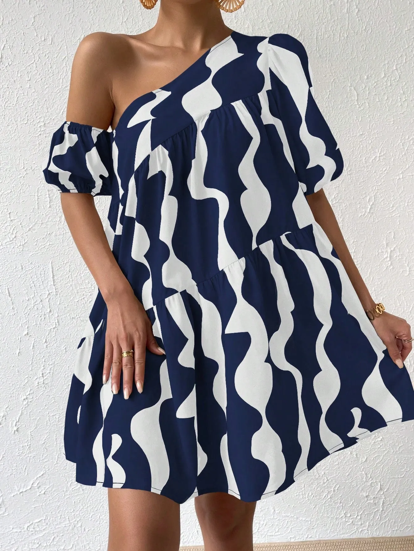 Allover Print Asymmetrical Neck Puff Sleeve Ruffle Hem Smock Dress