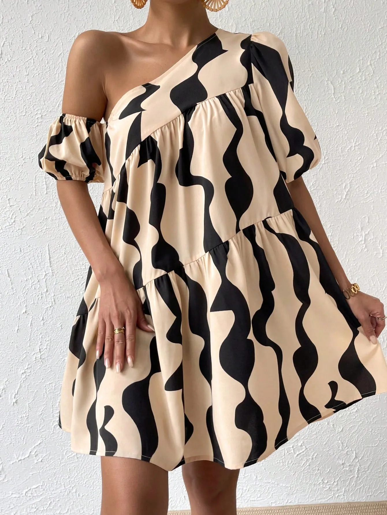 Allover Print Asymmetrical Neck Puff Sleeve Ruffle Hem Smock Dress