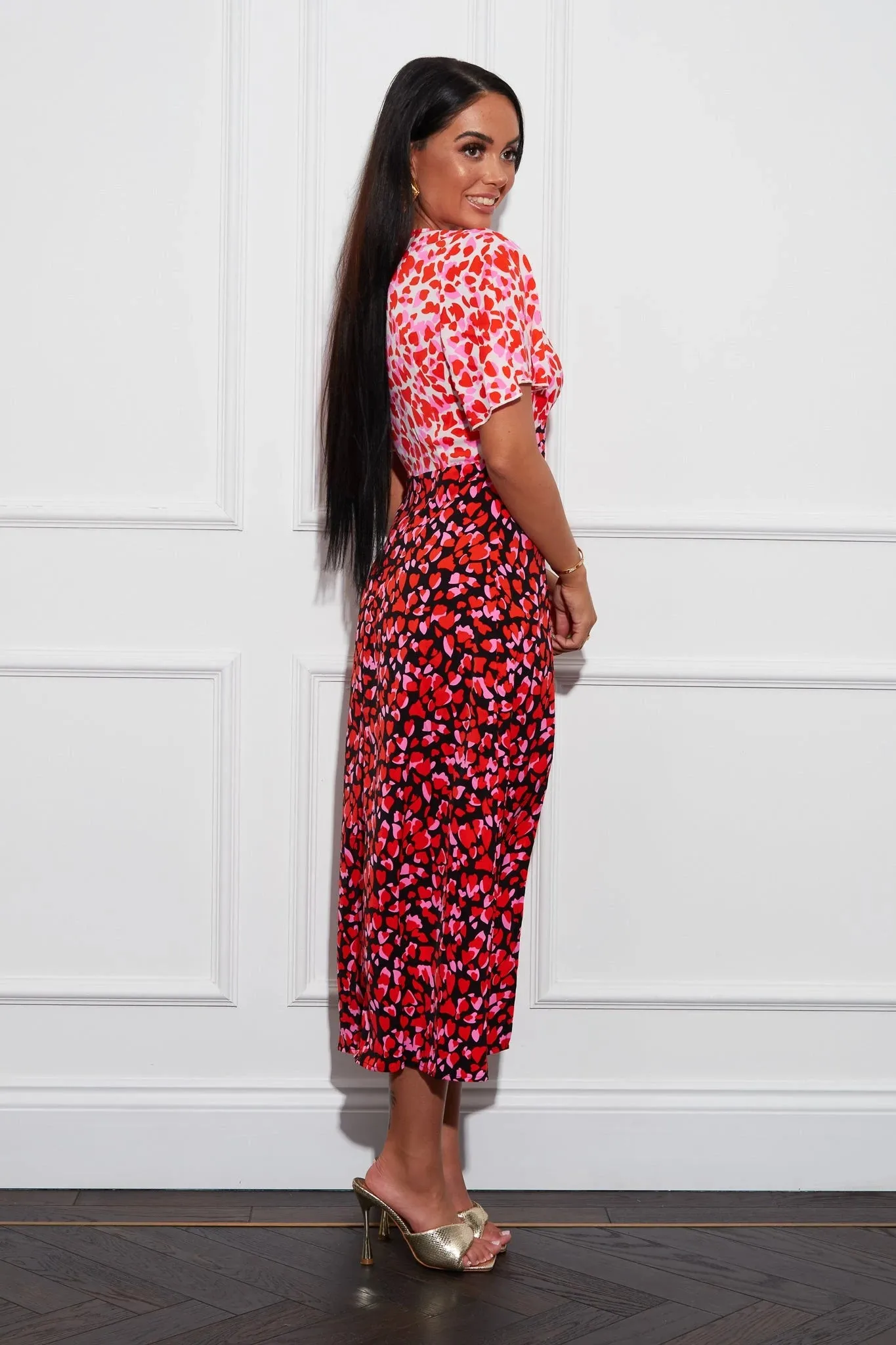 Anita Multi Heart Print Angel Sleeve Midi Dress