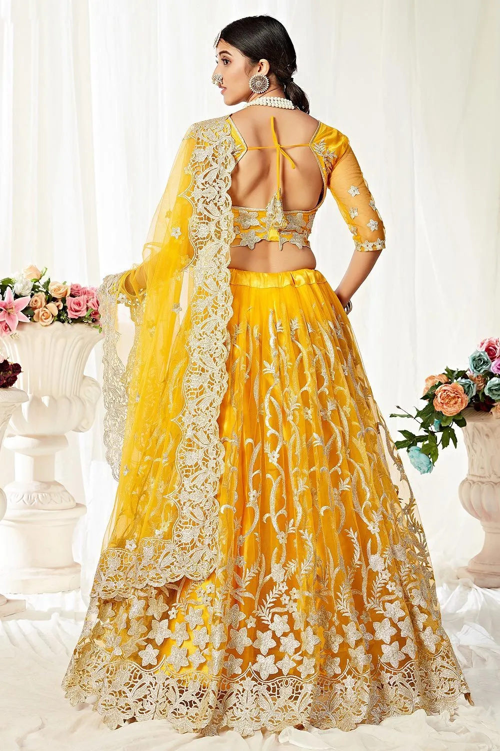 Attractive Yellow Thread Embroidered A-Line Lehenga Choli