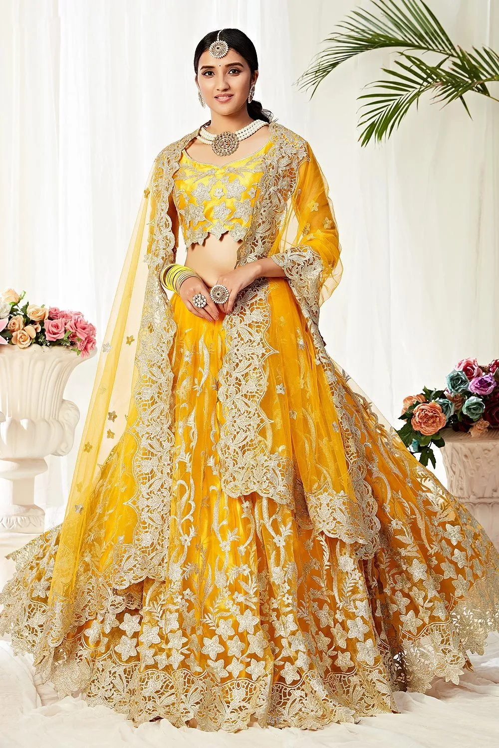 Attractive Yellow Thread Embroidered A-Line Lehenga Choli