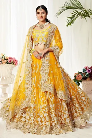 Attractive Yellow Thread Embroidered A-Line Lehenga Choli