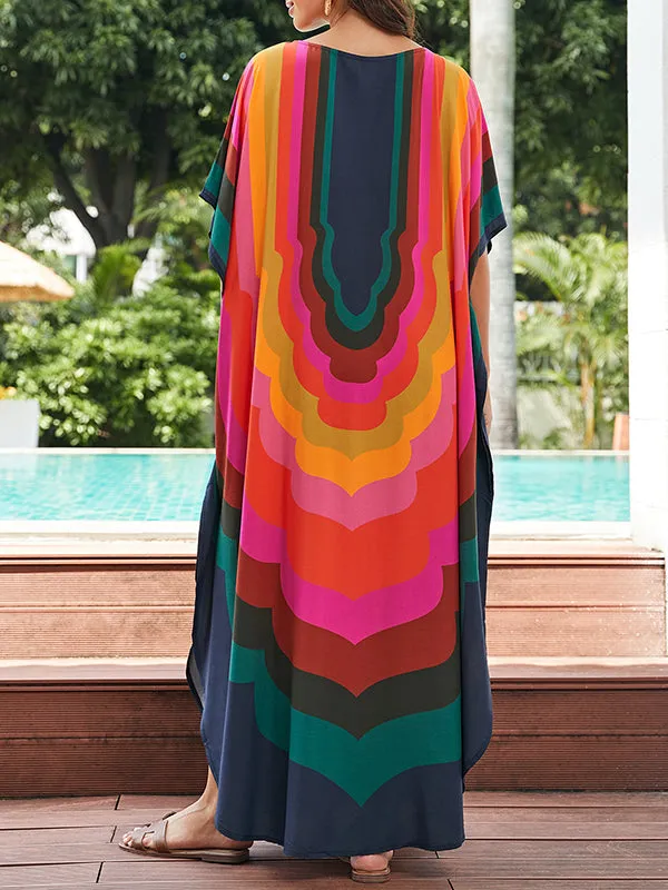 Batwing Sleeves Loose Contrast Color Printed Sun Protection Round-Neck Maxi Dresses