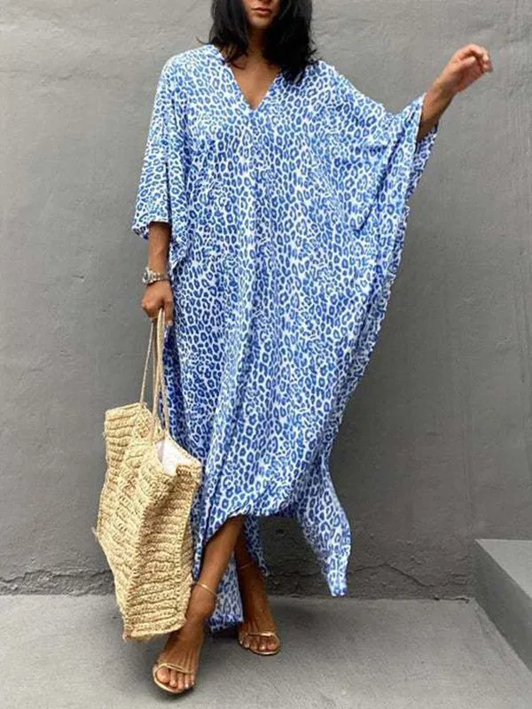 Batwing Sleeves Loose Leopard Split-Side Sun Protection V-Neck Cover-Ups Swimwear Maxi Dresses