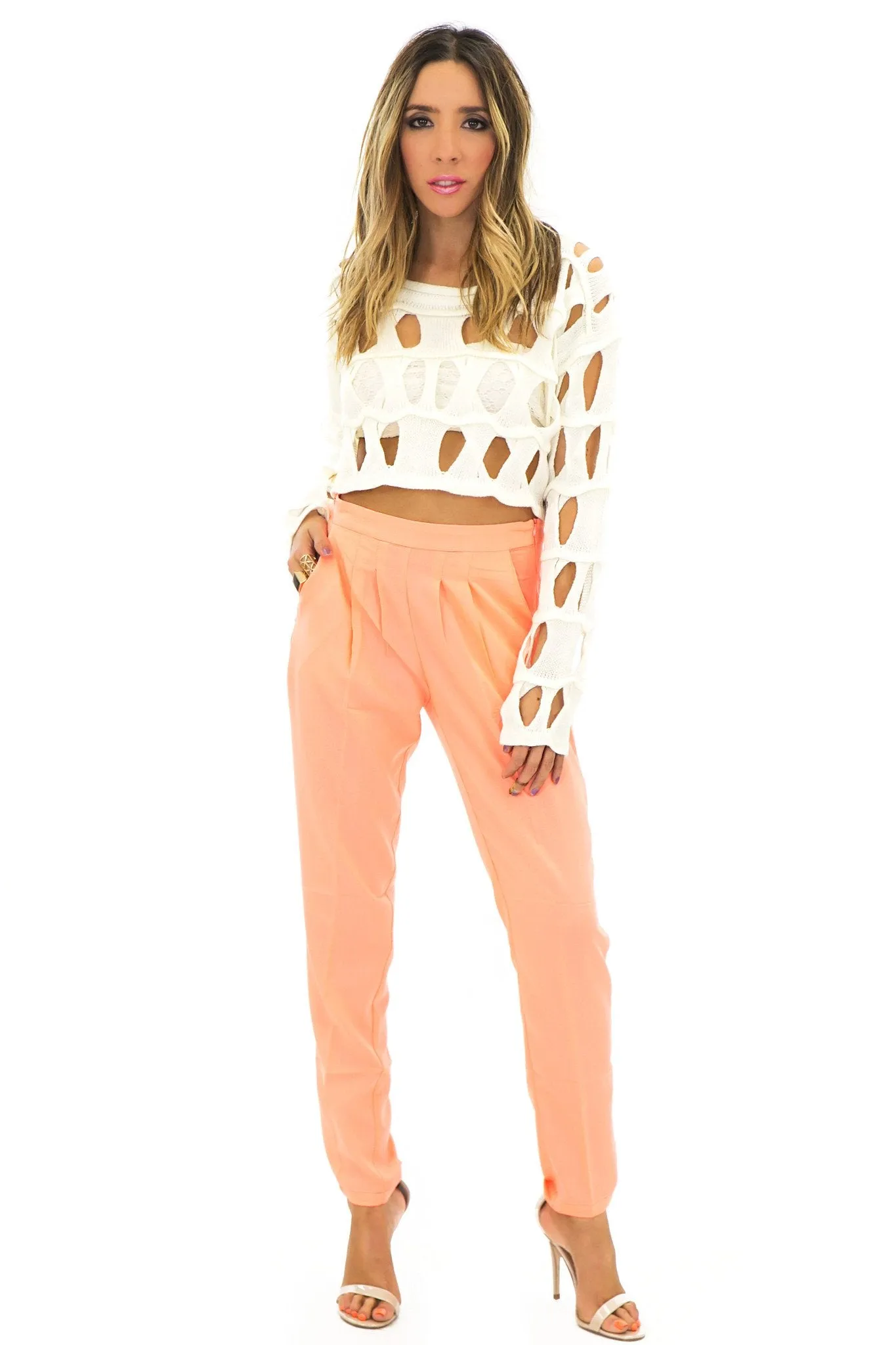 BECKET HOLED CROP SWEATER - White