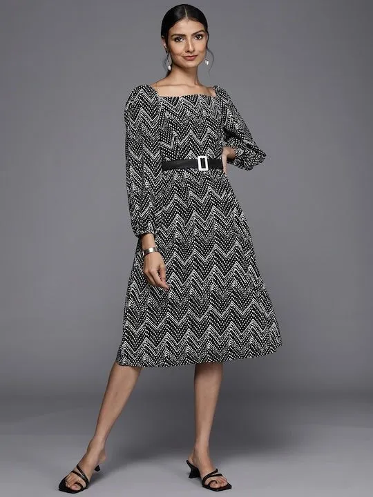 Black & White Tribal A-Line Midi Dress