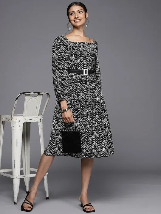 Black & White Tribal A-Line Midi Dress