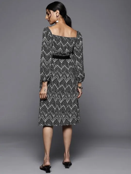 Black & White Tribal A-Line Midi Dress