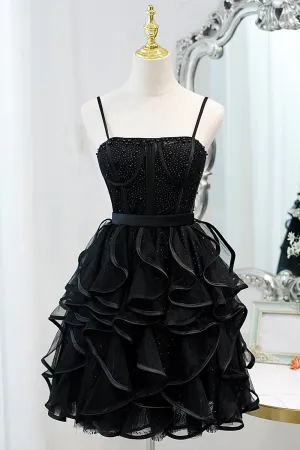 Black Sequins Spaghetti Straps Tulle Short Homecoming Dresses