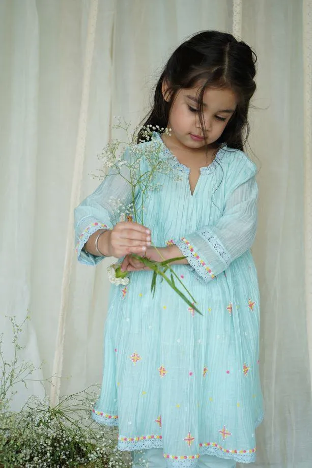 Blue Dew Drops Chanderi Kurta Set for Girls