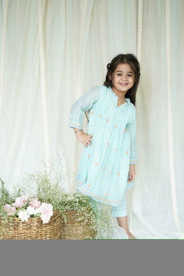 Blue Dew Drops Chanderi Kurta Set for Girls