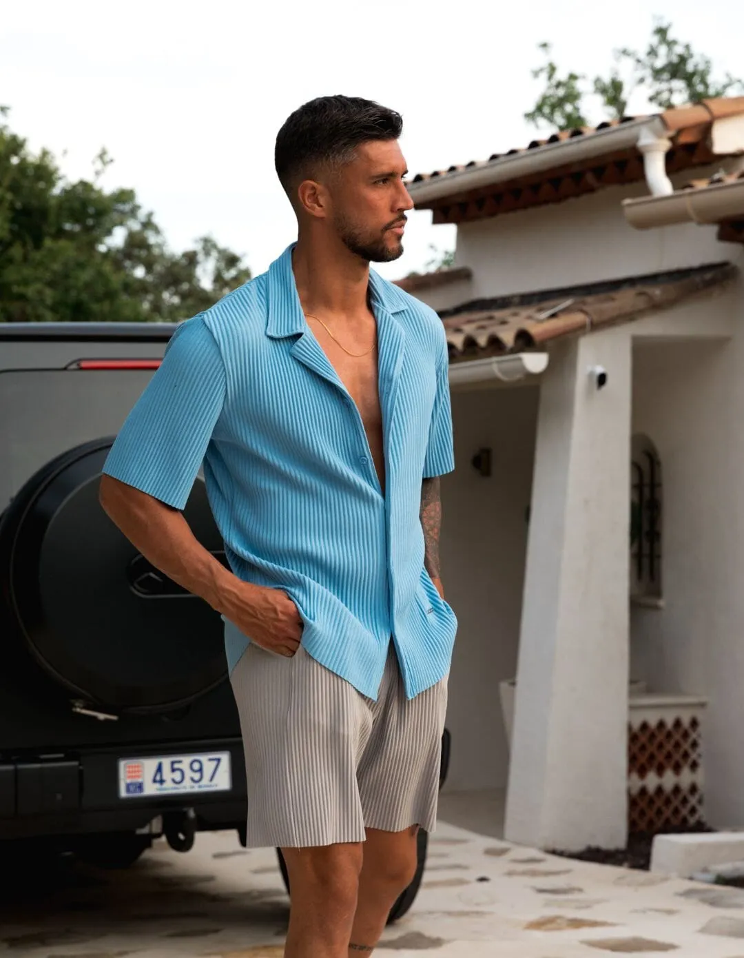 Blue Pleated S/S Resort Shirt