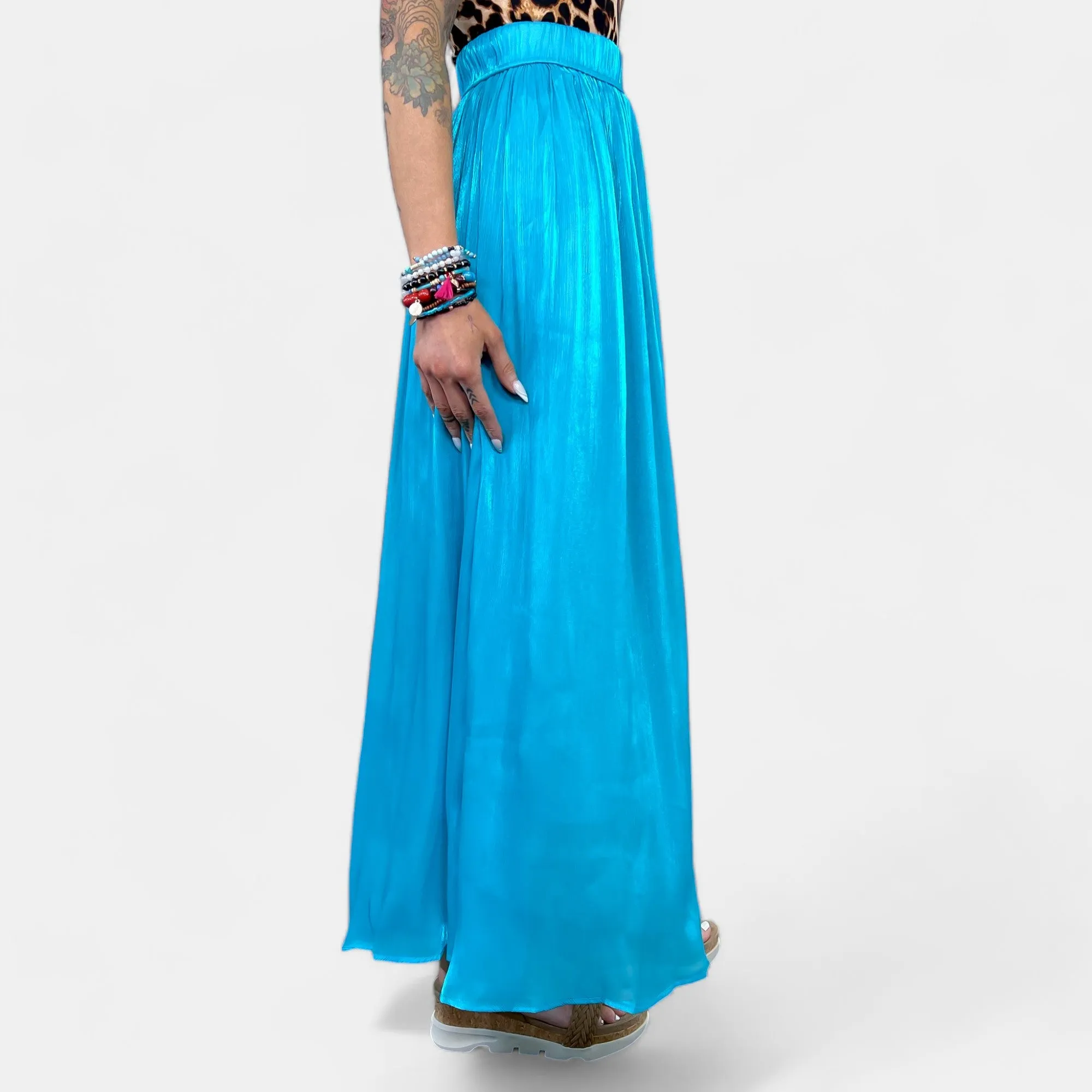 Blue Silk Pleated Maxi Skirt