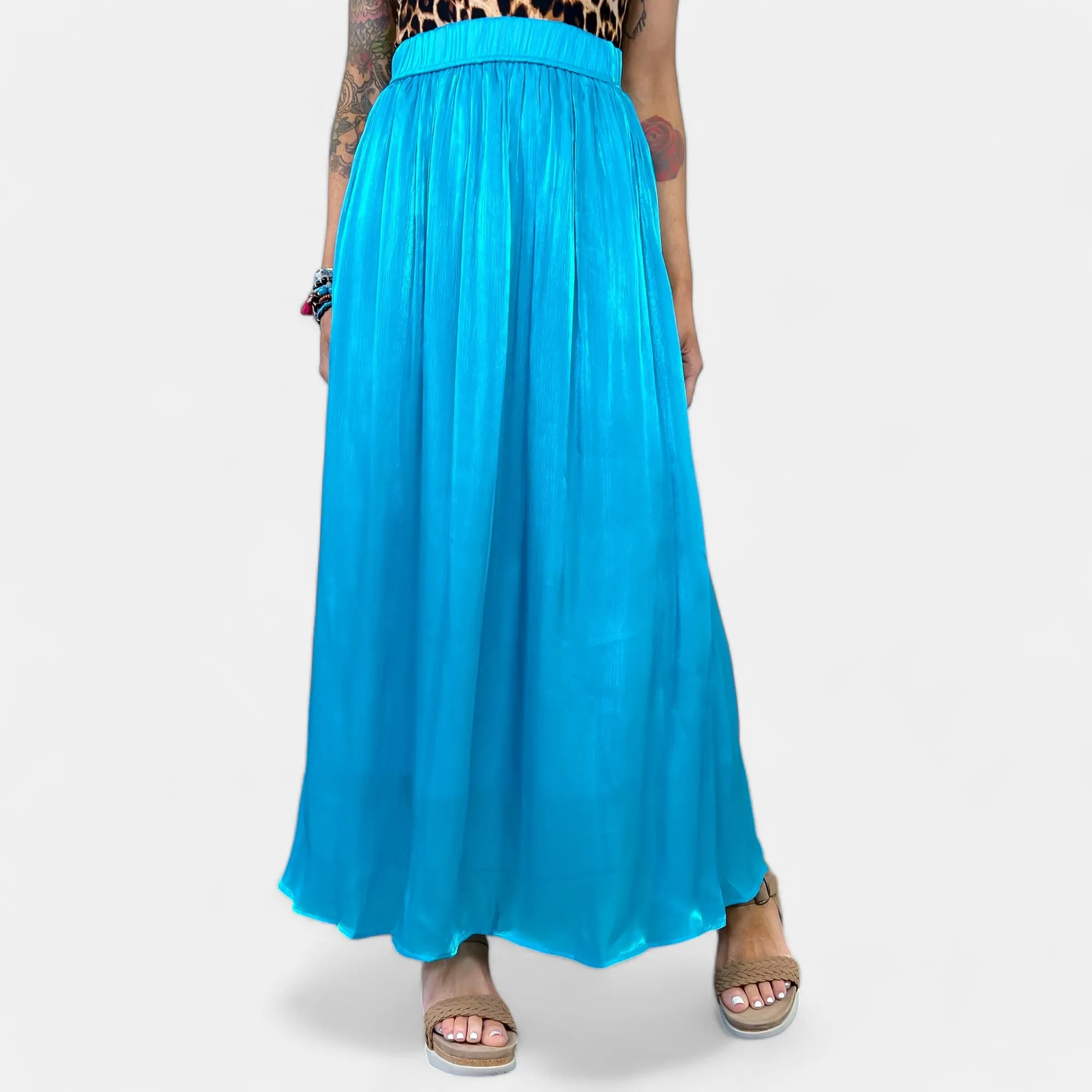 Blue Silk Pleated Maxi Skirt