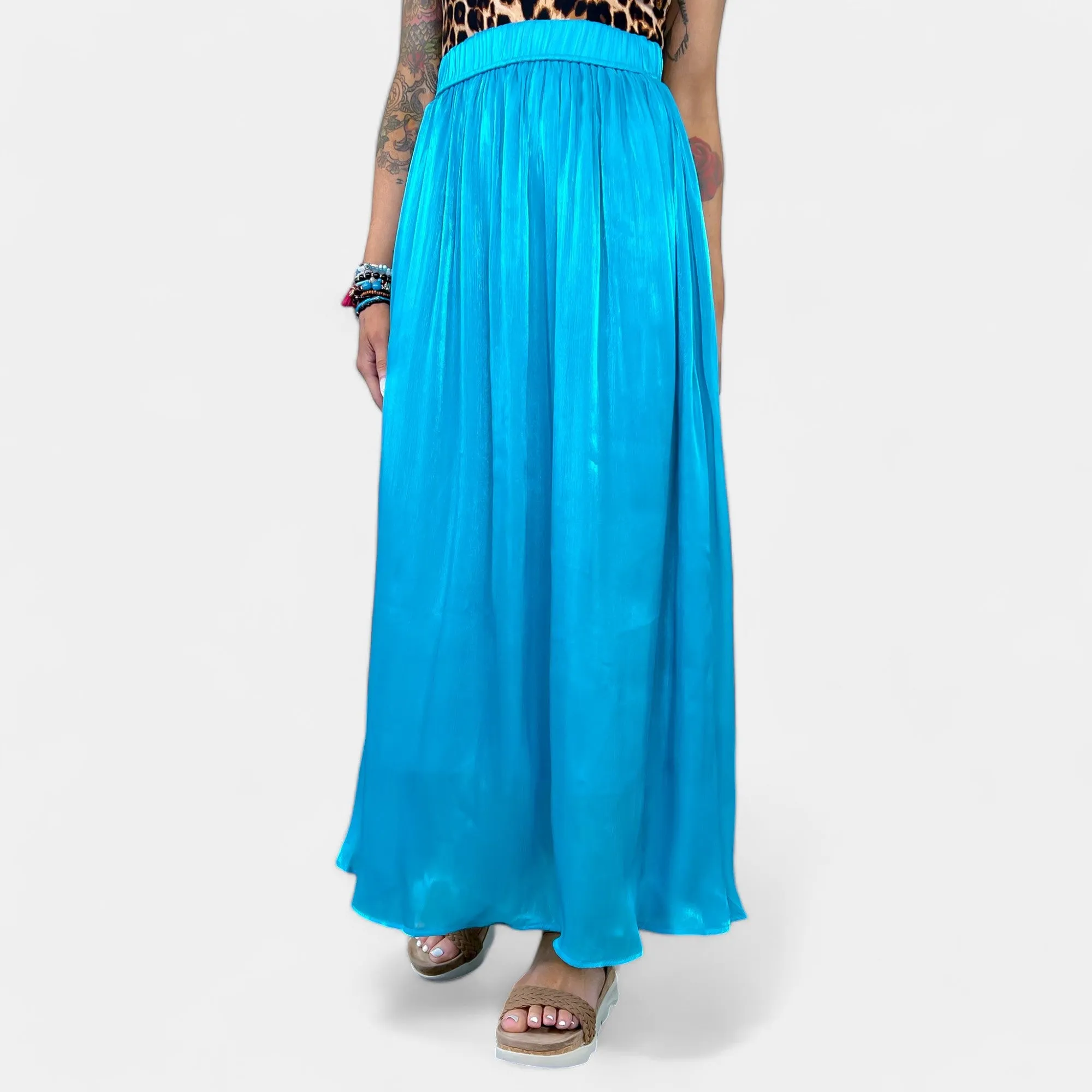 Blue Silk Pleated Maxi Skirt