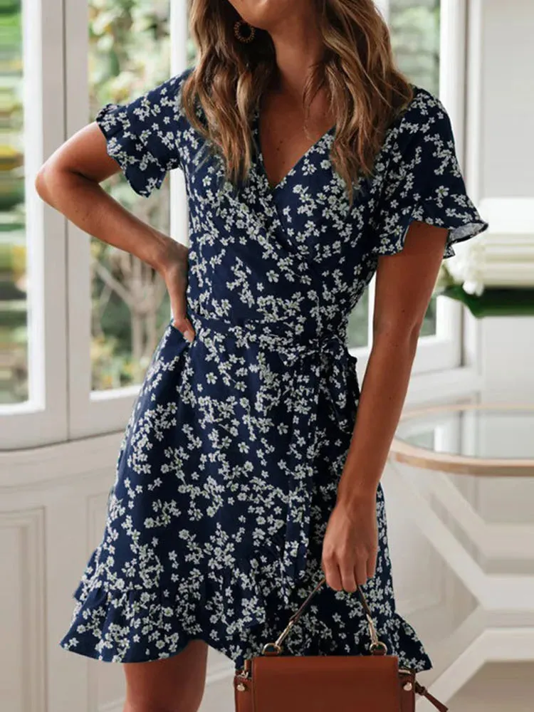 Boho Floral Print Ruffles Summer V Neck Short Sleeve Chiffon Mini Beach Vacation Sundress A-Line Dress