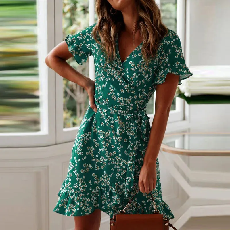 Boho Floral Print Ruffles Summer V Neck Short Sleeve Chiffon Mini Beach Vacation Sundress A-Line Dress