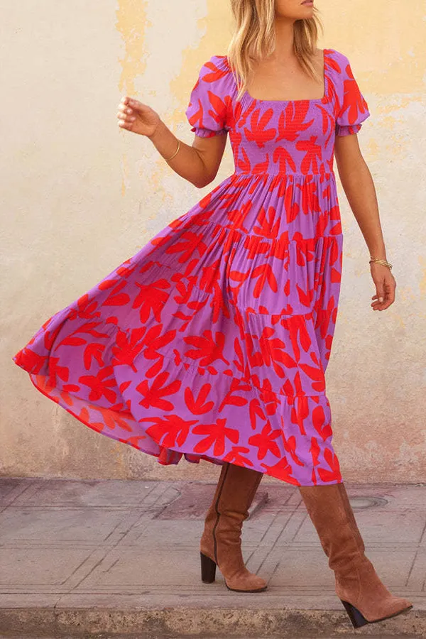 Botanical print puff sleeve A-line dress