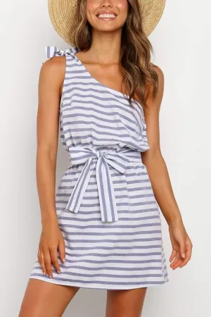 Bow Stripe One Shoulder Mini Dress