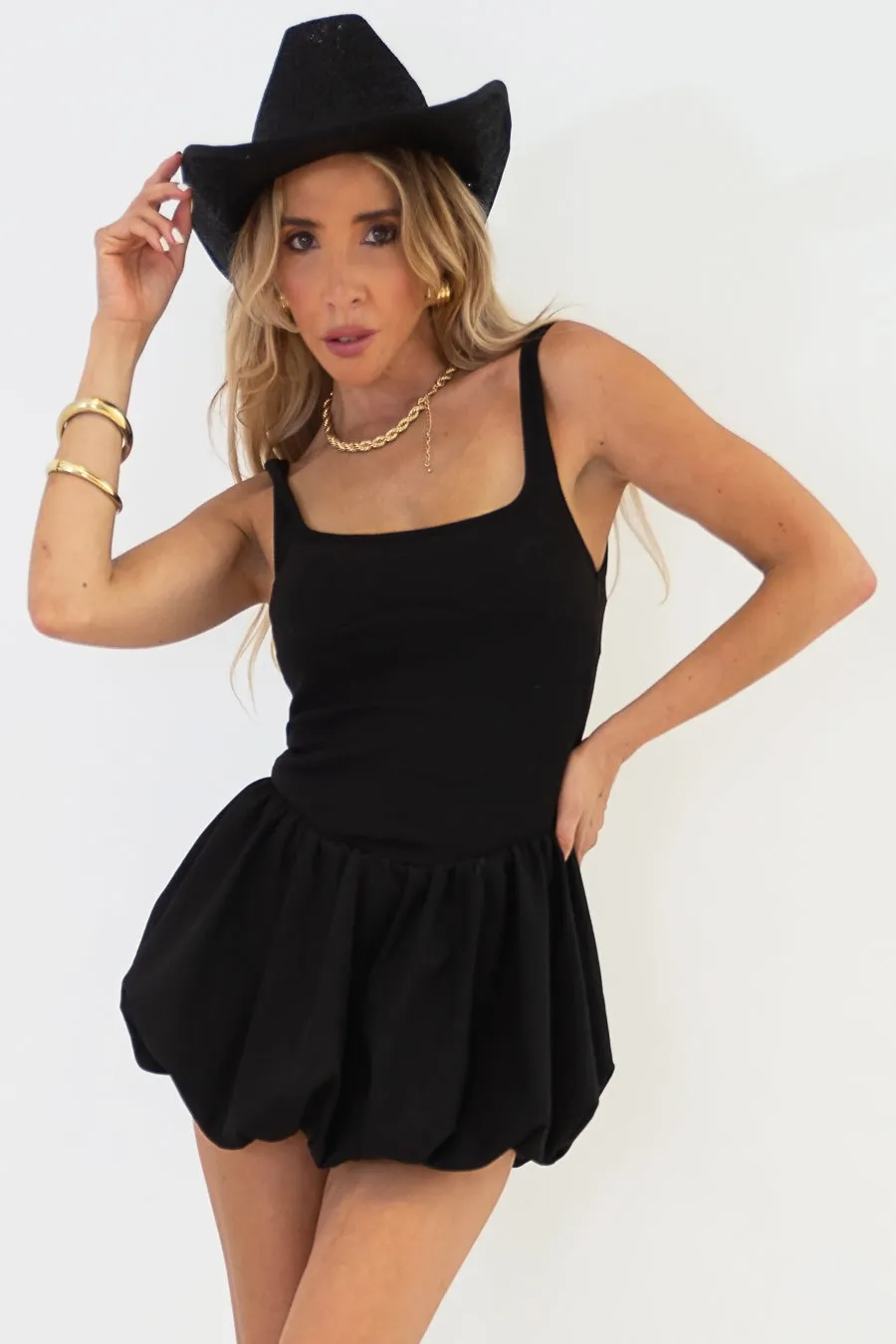 Bubble Skirt Mini Dress - Black