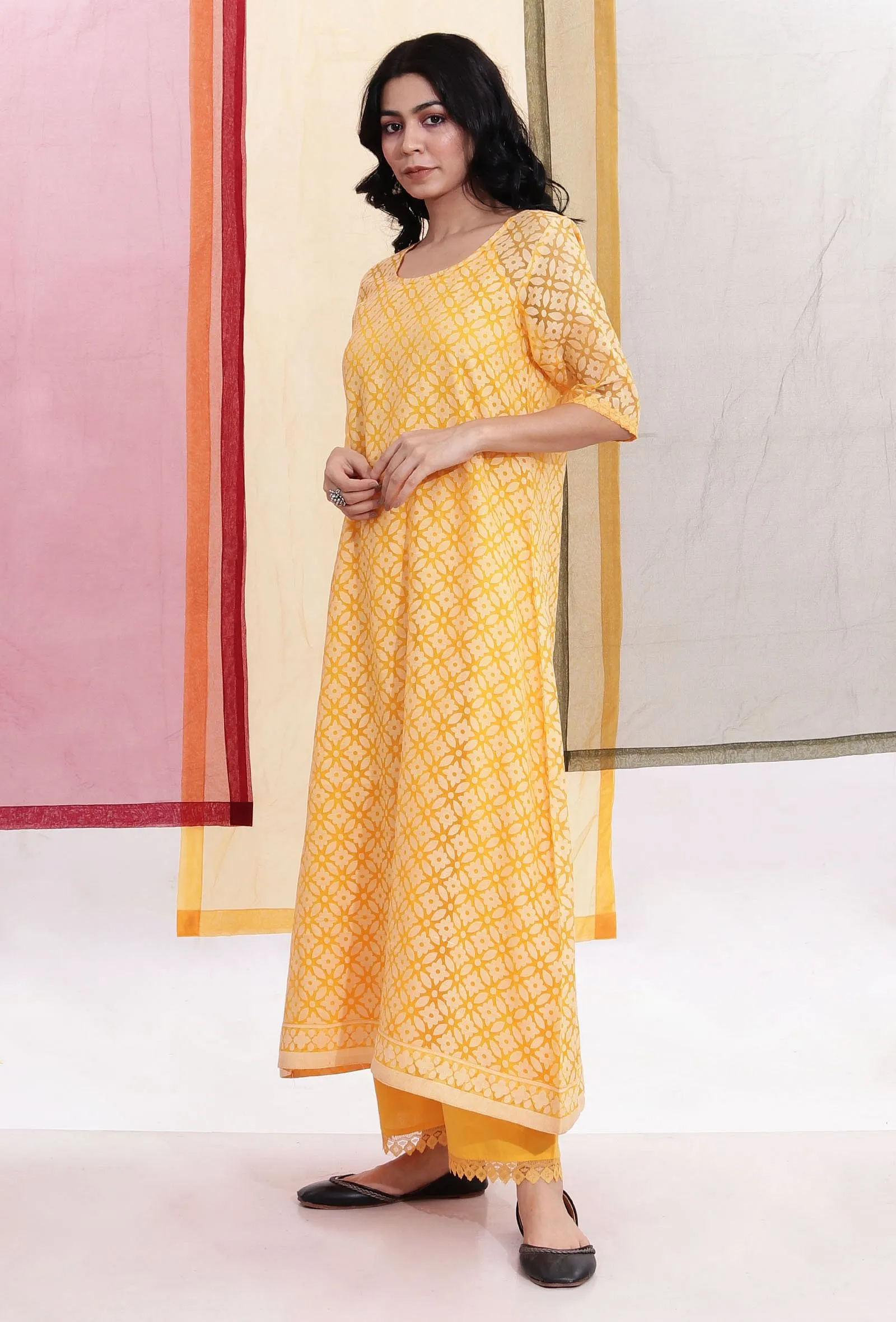 Bumblebee Yellow Brasso Organza A-line Kurta