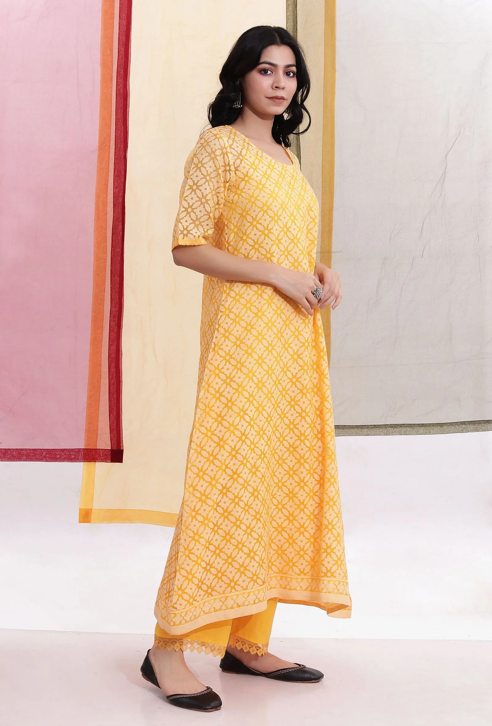 Bumblebee Yellow Brasso Organza A-line Kurta