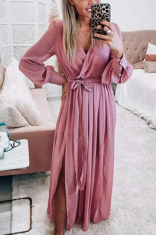 Button Puff Sleeve Belted Maxi Dress