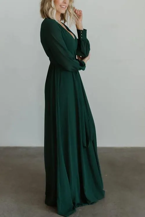 Button Puff Sleeve Belted Maxi Dress