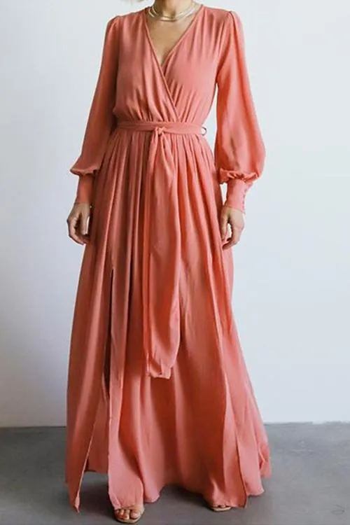 Button Puff Sleeve Belted Maxi Dress