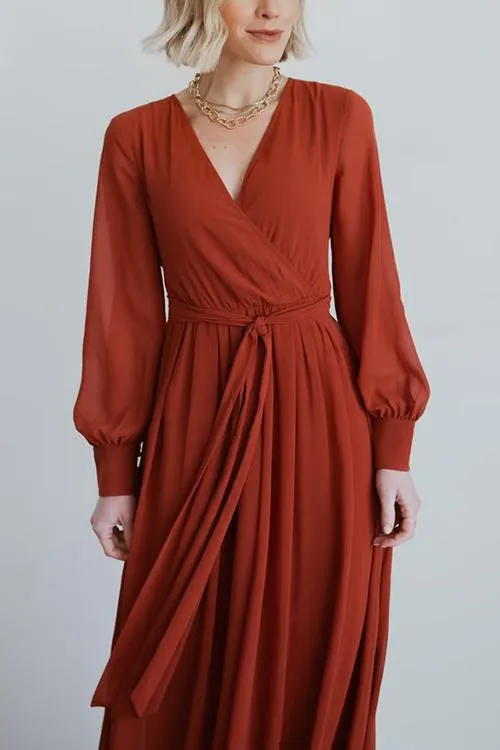 Button Puff Sleeve Belted Maxi Dress