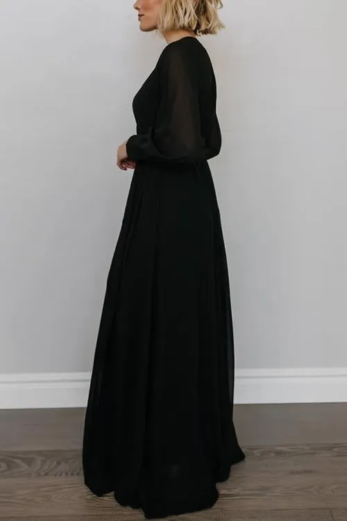 Button Puff Sleeve Belted Maxi Dress