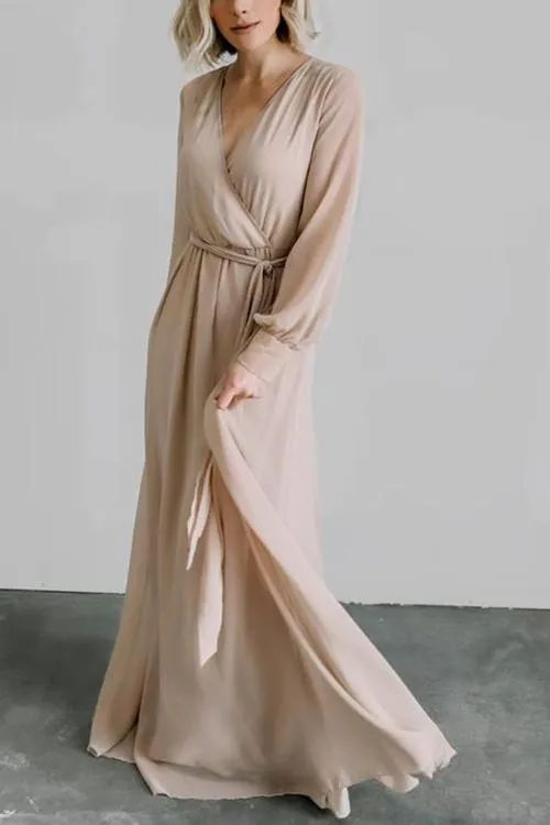 Button Puff Sleeve Belted Maxi Dress