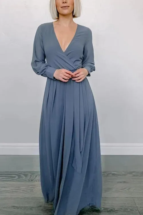 Button Puff Sleeve Belted Maxi Dress