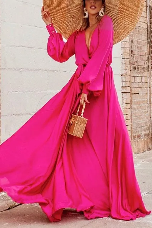 Button Puff Sleeve Belted Maxi Dress