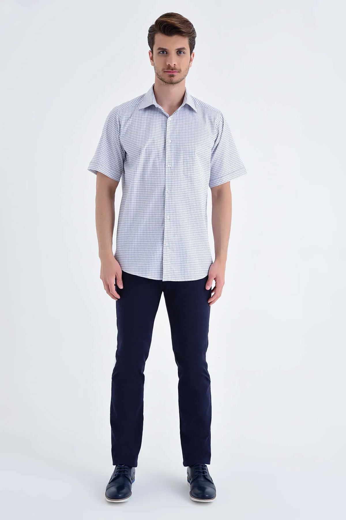 Classic Fit Short Sleeve Plaid Cotton Navy Dress Shirt