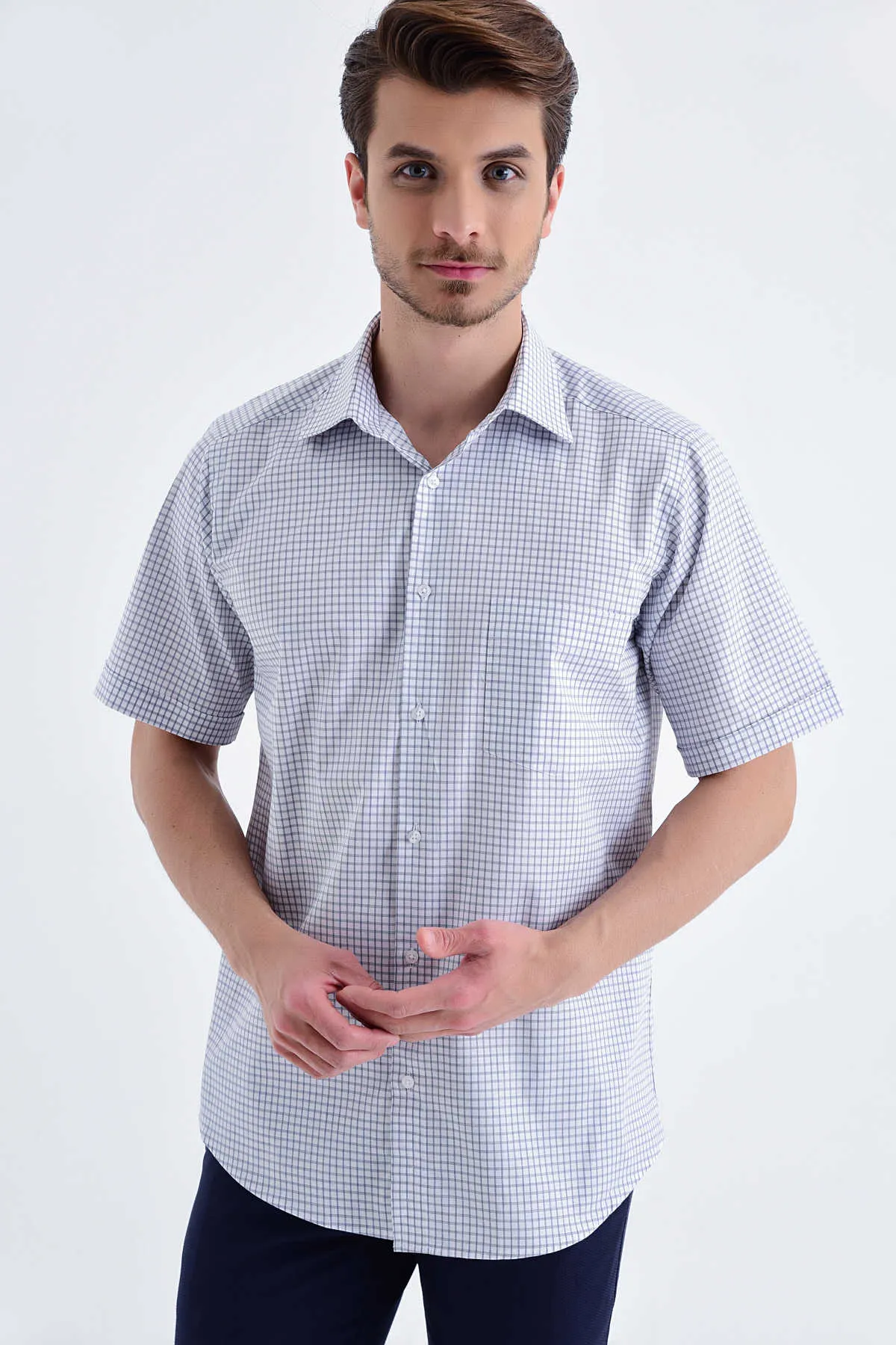 Classic Fit Short Sleeve Plaid Cotton Navy Dress Shirt