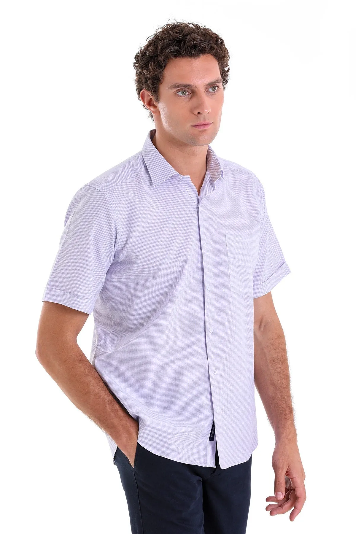 Comfort Fit Pin Check Cotton Blend Lilac Dress Shirt