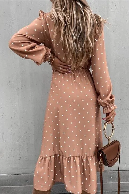 Dot Button Ruffels Slit Maxi Dress