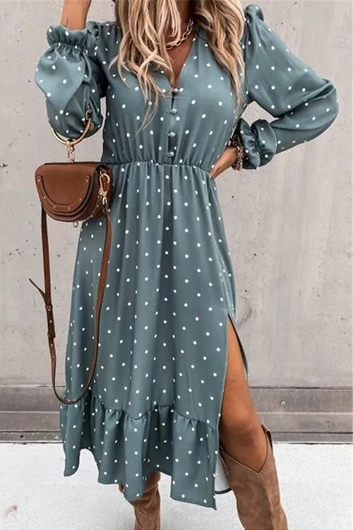 Dot Button Ruffels Slit Maxi Dress