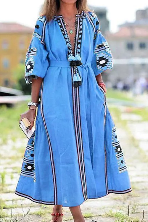 Ethnic Print Pom Pom Maxi Dress