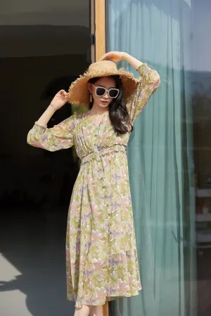 Floral High Waist Maxi Dress Long Sleeve