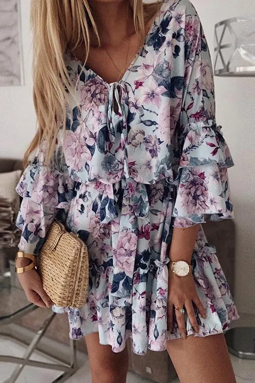 Floral Print Flares Sleeve Ruffles Mini Dress