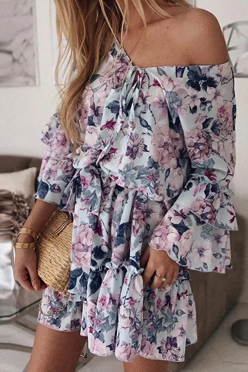 Floral Print Flares Sleeve Ruffles Mini Dress