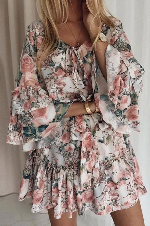 Floral Print Flares Sleeve Ruffles Mini Dress