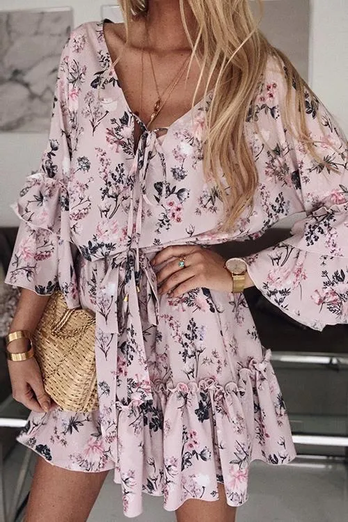 Floral Print Flares Sleeve Ruffles Mini Dress